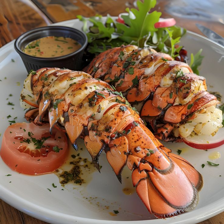 a plate with lobster and vegetables on it