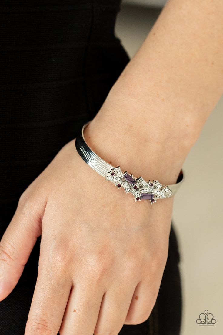 A jumble of dazzling purple and white rectangle-shaped rhinestones mingle with small purple sparkling rhinestones atop a modern stamped silver cuff.

Sold as one individual bracelet. September 28th, White Rectangle, Purple Bracelet, Silver Frames, Paparazzi Accessories, White Rhinestone, Paparazzi Jewelry, Purple And White, Silver Cuff