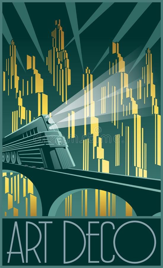 an art deco poster with a train going over a bridge in the city at night