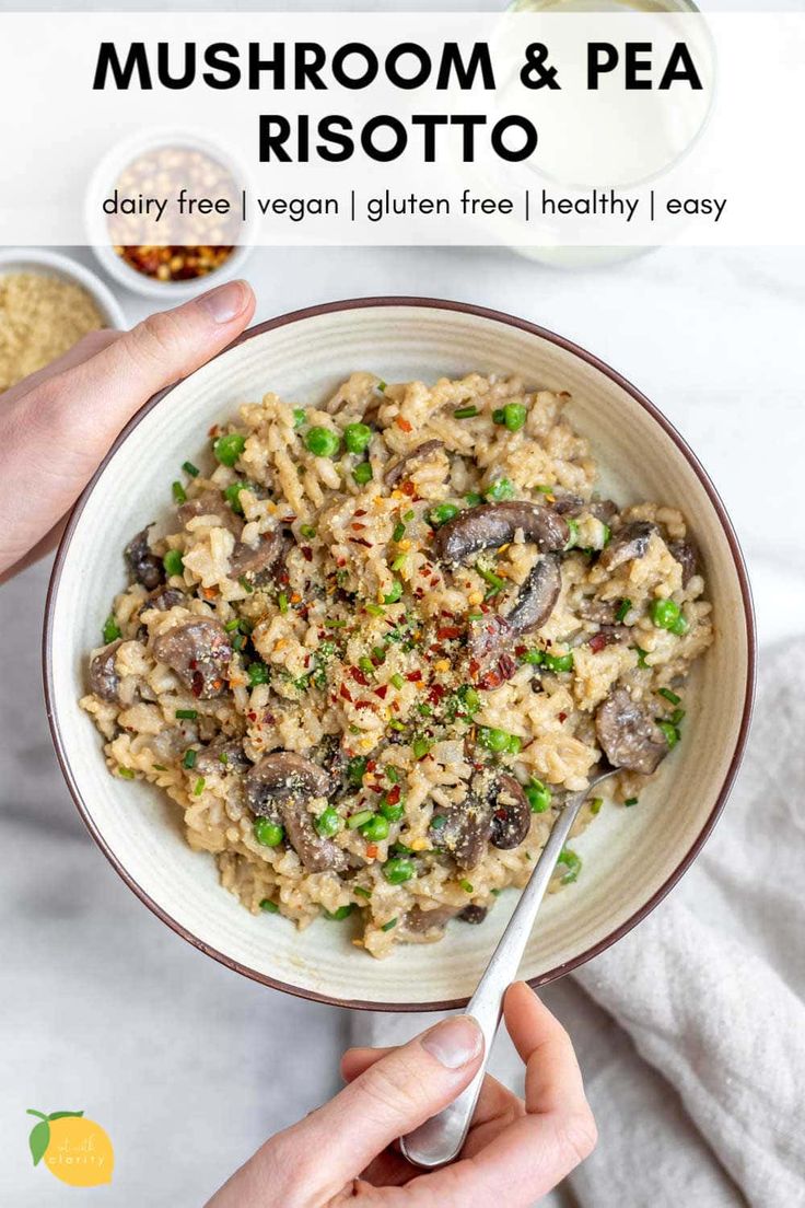 mushroom and pea risotto in a white bowl