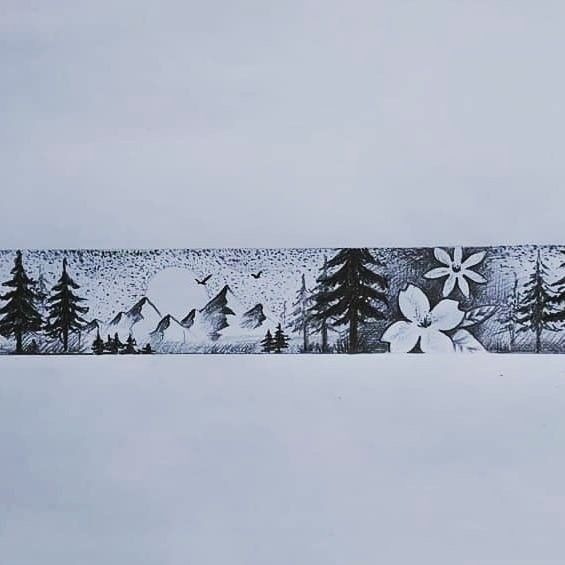 a snowboarder is doing a trick in the air with trees and flowers on it