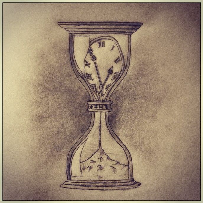 a pencil drawing of an hourglass with flowers in the bottom and inside, on a gray background