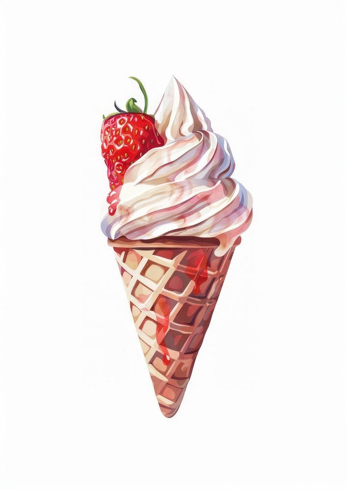 an ice cream sundae with strawberries on top is shown in this watercolor painting