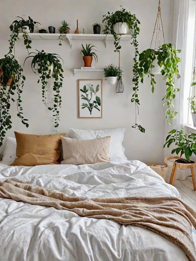 a bed with white sheets and plants on the wall