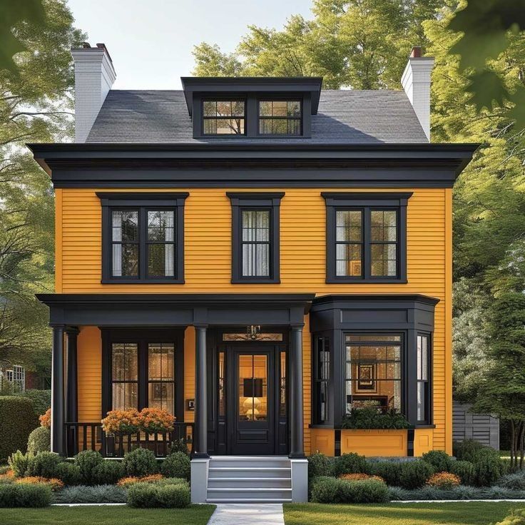 a yellow house with black trim on the front and side windows is shown in this rendering