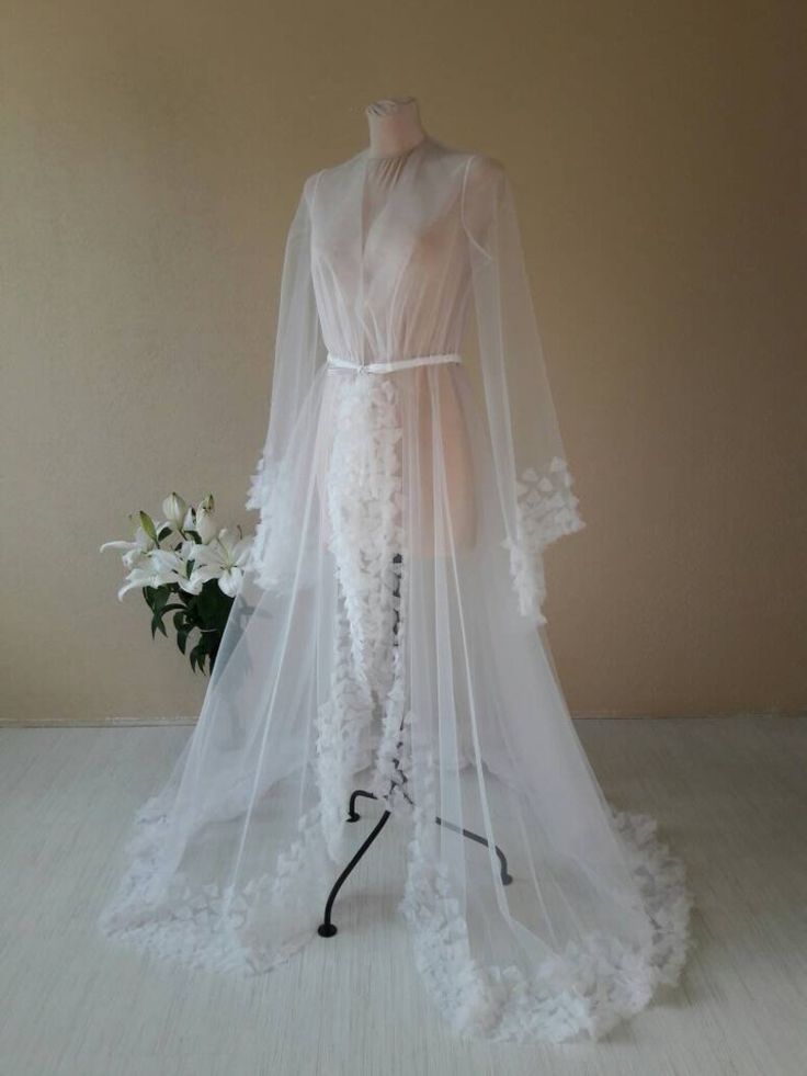 White boudoir dress Couture dress Tulle wedding dress - Etsy Польша Ethereal White Floor-length Gown, Sheer Tulle Wedding Dress For Bride, White Gown With Long Train For Wedding Night, White Wedding Gown With Long Train, White Tulle Gown With Long Train, Ethereal Tulle Wedding Gown, Ethereal Organza Wedding Gown, Wedding Night Gown With Detachable Tulle Train, Tulle Gown With Detachable Train For Wedding Night