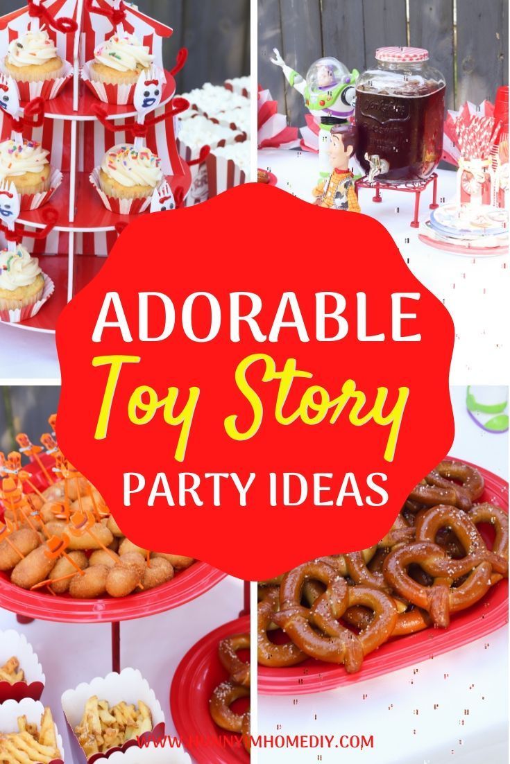 an adorable toy story party with lots of food and desserts on the buffet table