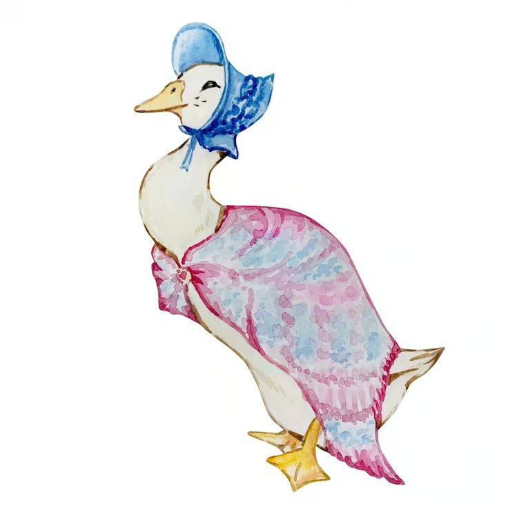 a watercolor painting of a duck wearing a blue hat and pink dress with yellow feet