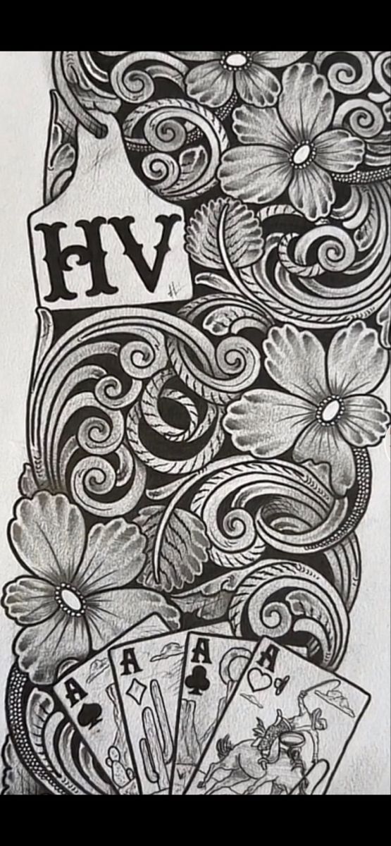 a drawing of playing cards and flowers with the word hv on it's side