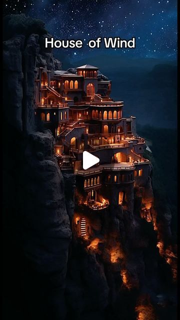 the house of wind is lit up at night on top of a mountain with lights