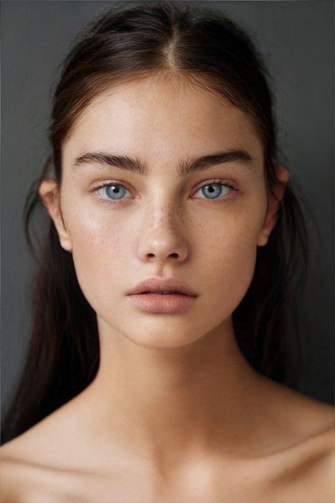 a young woman with blue eyes and long brown hair is looking at the camera while she has