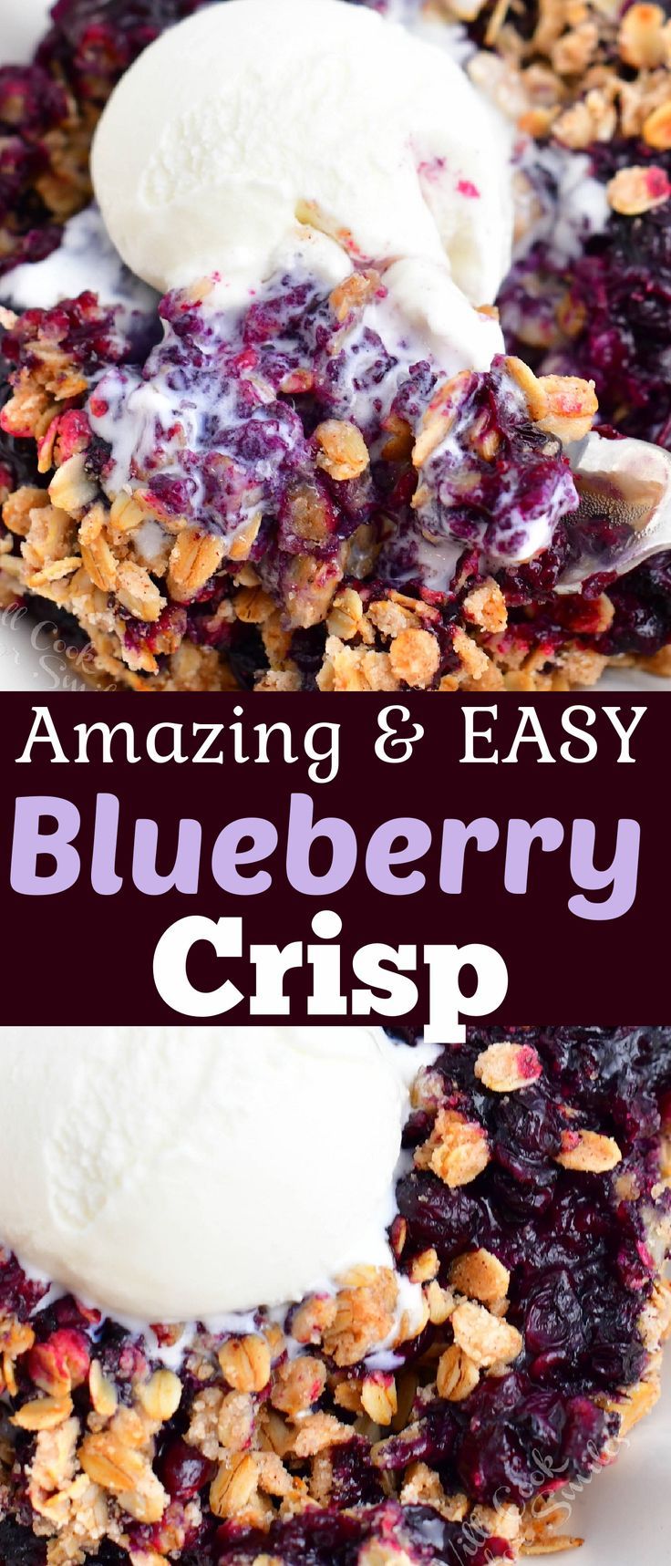 blueberry crisp with ice cream and granola on top is shown in this image