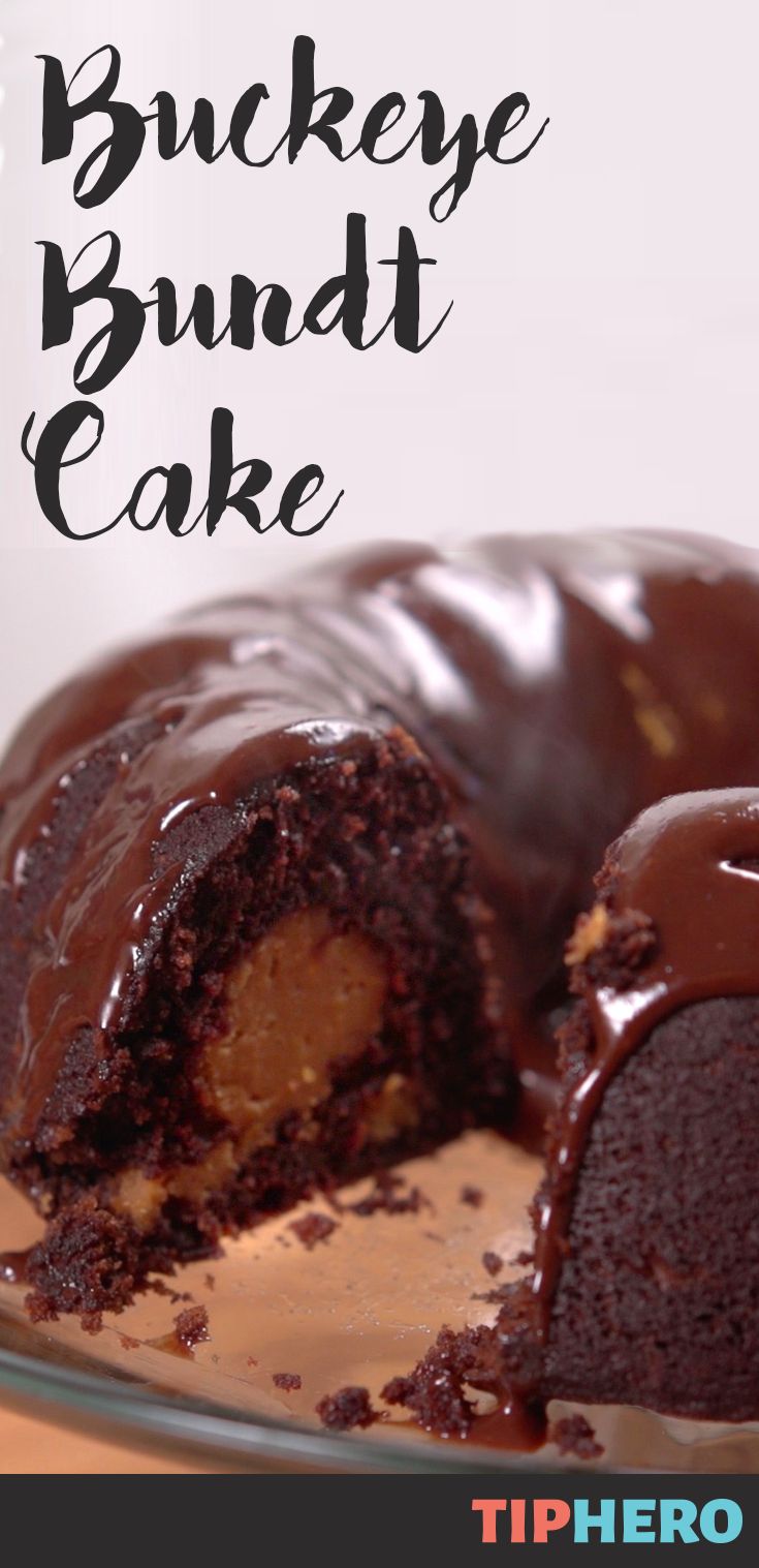 a chocolate bundt cake on a plate with the words, buckeye bundt cake