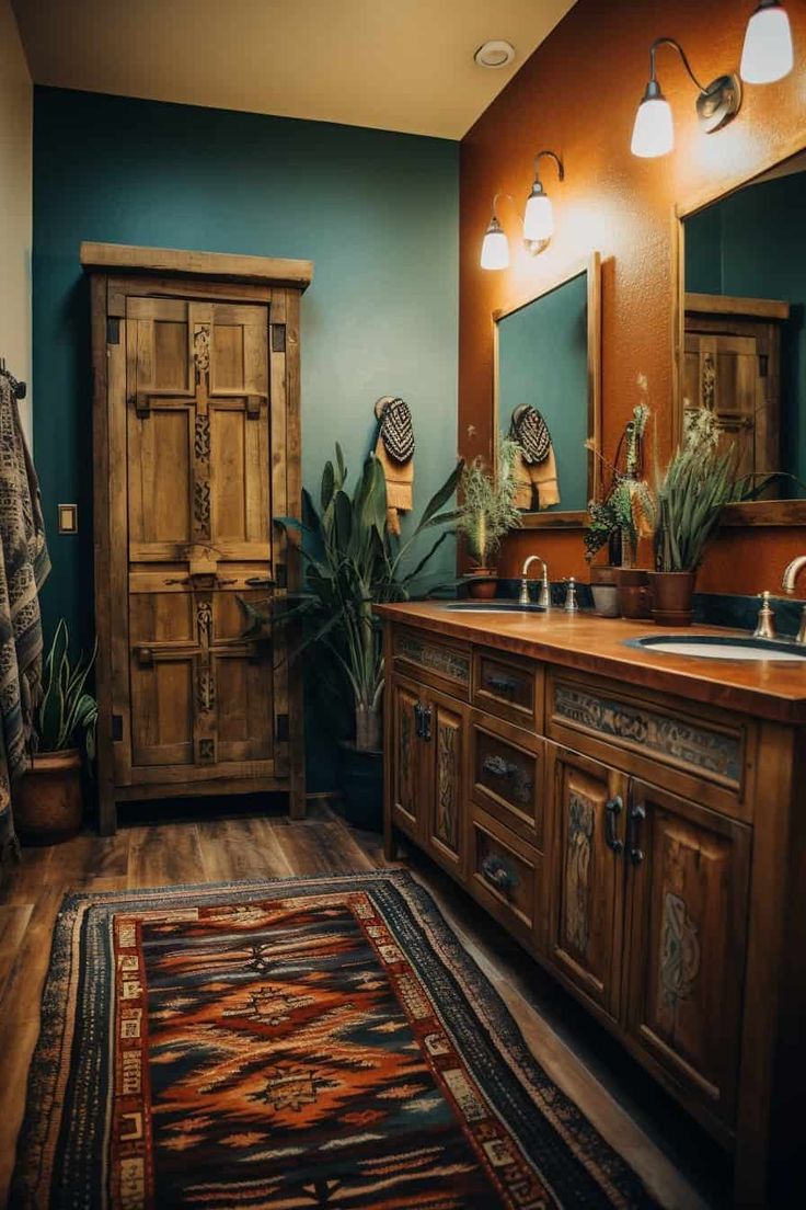 a bathroom with blue walls, wooden cabinets and an area rug on the wood floor