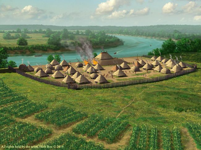 an artist's rendering of a village in the middle of a field