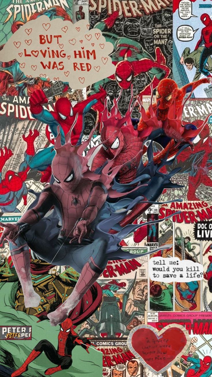 the amazing spider - man collage is featured in this image, with many different images