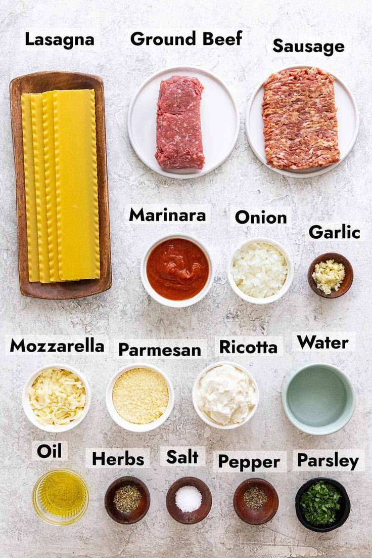 an overhead view of different foods in bowls on a table with the names and their corresponding ingredients