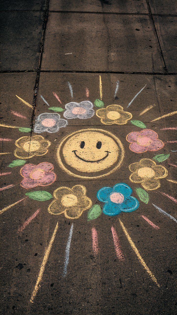 a sidewalk drawing with chalk on it and flowers in the shape of a smiley face