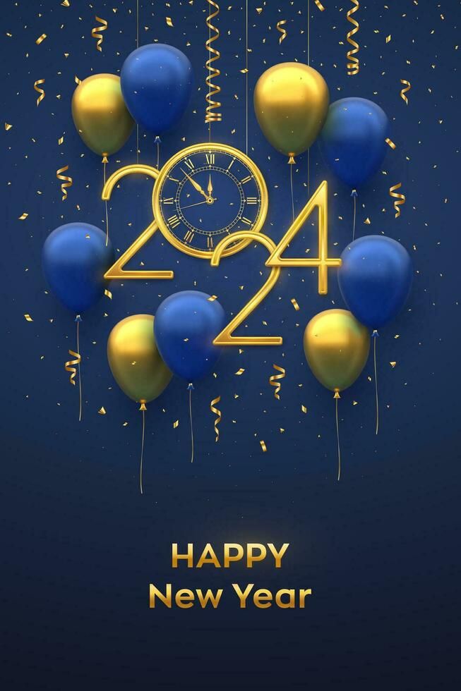 a happy new year card with balloons and confetti in the shape of a clock