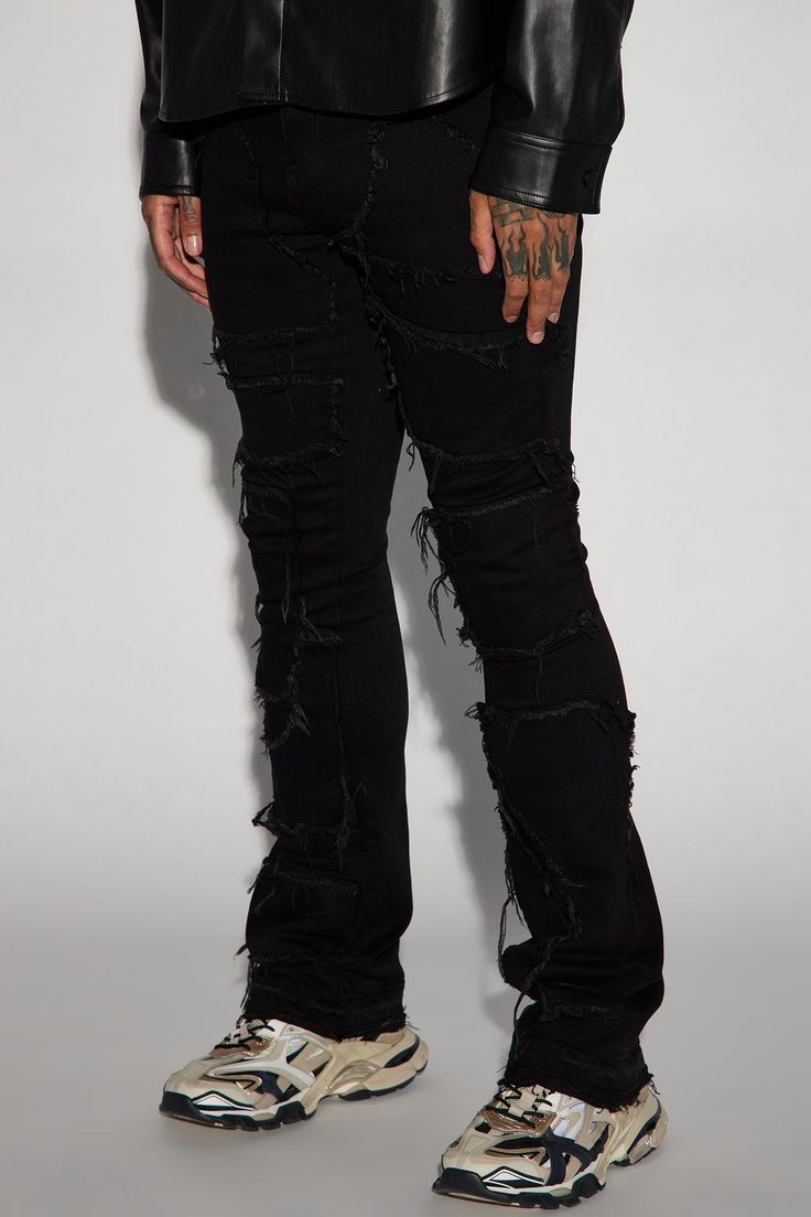 Available In Black. Stacked Skinny Flare Fit Stretch Denim 5 Pocket Body Button Closure Zip Fly Patch Fray Detail Open Hem 88% Cotton 8% Polyester 4% Spandex Imported | Mens Patch It Up Stacked Skinny Flare Jeans in Black size 40 by Fashion Nova Urban Black Jeans With Patch Pockets, Mens Black Bell Bottom Jeans, Stacked Denim Jeans Men, Black Stacked Jeans Men, Luxury Washed Black Jeans For Men, Mens Fashion Jeans, Patched Jeans, Jeans Jumpsuit, Mens Activewear