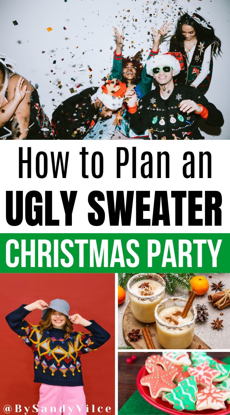 How to plan an ugly sweater Christmas party Christmas Party Ugly Sweater Theme, Sweater Weather Party Theme, Ugly Sweater Party Ideas Food, Ugly Christmas Sweater Party Ideas Decor, Ugly Sweater Party Food Ideas, Ugly Sweaters Ideas, Ugly Christmas Sweater Party Ideas Food, Ugly Sweater Christmas Party Decorations, Ugly Xmas Sweater Ideas