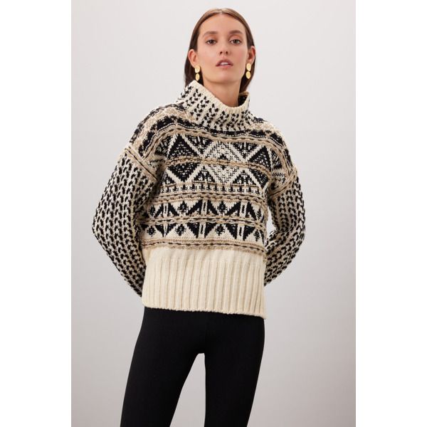 Brown geometric knit (70% Wool, 30% Polyamide) Sweater. Long sleeves. Turtleneck. Pull on. 19.5" from shoulder to hemline. Imported. Fair Isle Charts, Fair Isle Chart, Geometric Knit, Ski Fashion, Leather Jeans, Fair Isle Pattern, Rent The Runway, Knitting Charts, Closet Designs