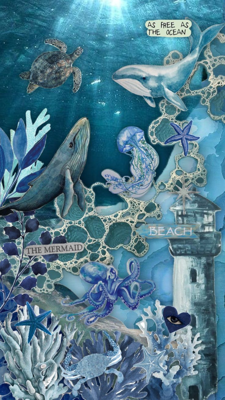 an underwater scene with sea animals and corals in the water, including a lighthouse