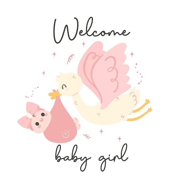 a baby girl greeting card with a stork carrying a baby