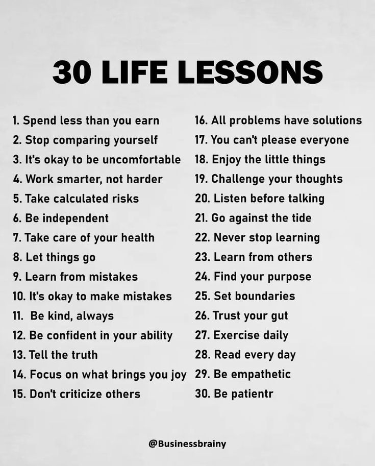 a poster with the words 30 life lessons written in black and white on it's side