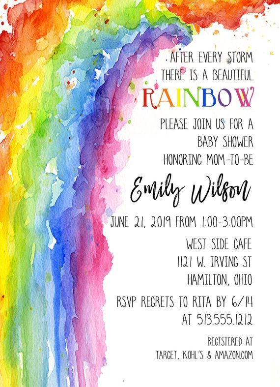 a rainbow themed baby shower is featured in this colorful watercolor design with the words, after every storm there is a beautiful rainbow