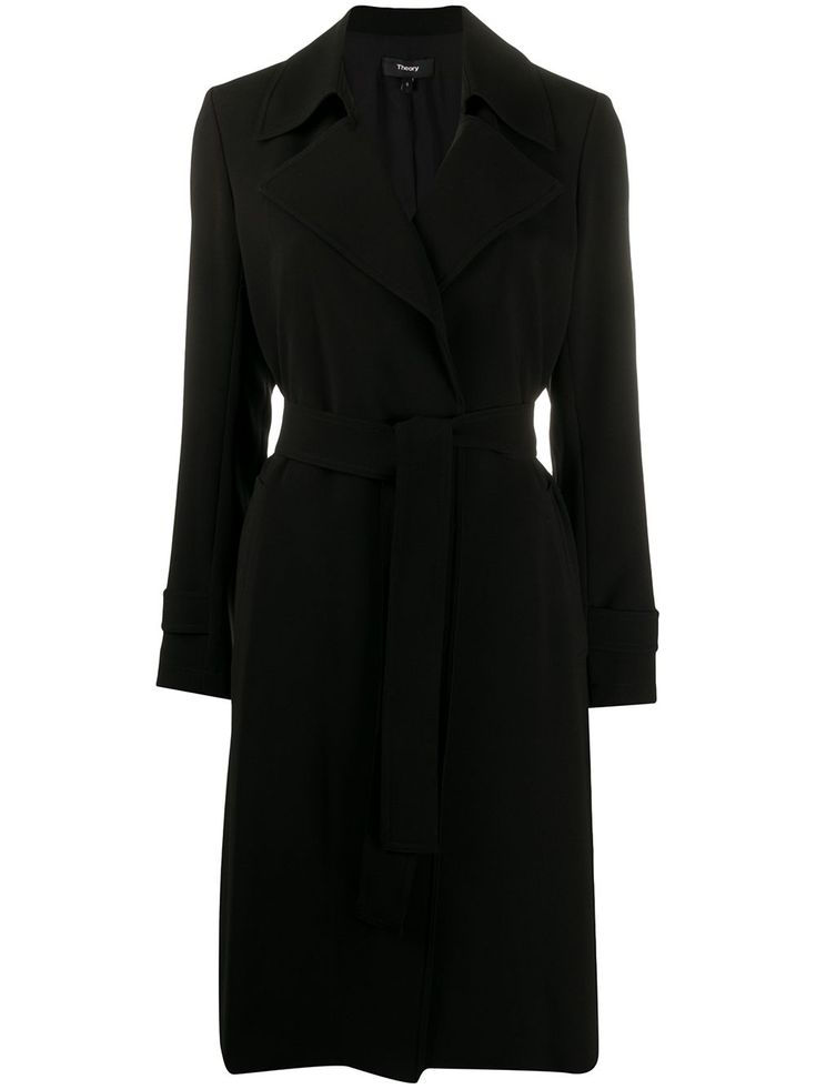 Black mid-length belted coat from Theory featuring notched lapels, long sleeves, side pockets, a straight hem and a rear central vent. American Clothing Brands, Candy Clothes, Trench Coat Black, Pleats Please Issey Miyake, Belted Coat, Outerwear Coats, Outerwear Women, Mid Length, Dress To Impress