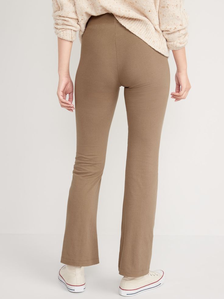 Online exclusive! Elasticized high-rise waist.  Flared leg openings.  Soft-washed jersey, with comfortable stretch.  Easy pull-on style.  Women's high-rise leggings sit high on waist.  Fitted through hip and thigh.  Flared leg.  Models are approximat Beige Stretch Pants For Everyday Use, Casual Wide Leg Elastane Bottoms, Straight Leg Leggings With Elastic Waistband For Loungewear, Straight Leg Loungewear Leggings With Elastic Waistband, Stretch Straight Leg Loungewear Bottoms, Casual Beige Leggings For Loungewear, Spring Elastane Bottoms For Everyday Wear, Trendy Everyday Elastane Bottoms, Casual Straight Leg Relaxed Fit Leggings