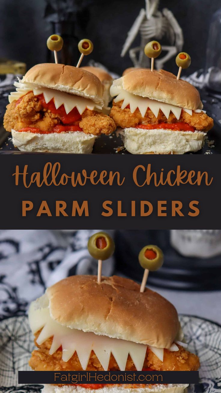 halloween chicken parm sliders on a plate with olives and toothpicks