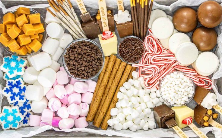 a box filled with different types of candies, marshmallows and chocolate