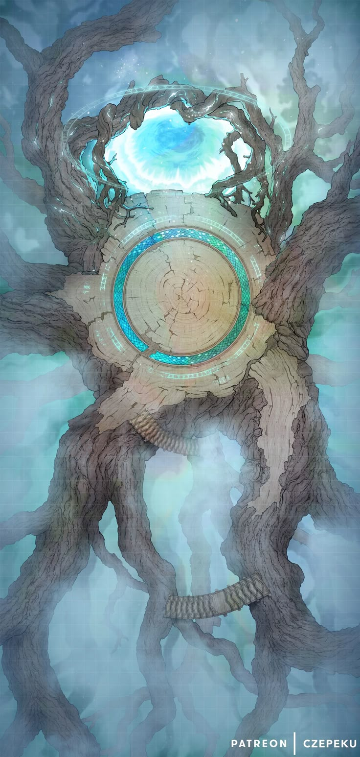 an artistic painting of a tree with a circular hole in the middle