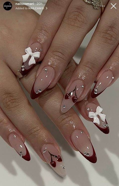 My Nails Aesthetic, Pretty Tatoos Woman, Kawaii Almond Nails, Almond Nails Inspo Aesthetic, Aesthic Nails, Nail Art With Charms, Red Bow Nails, Nail Ideas Korean, Birthday Nails Almond Shape