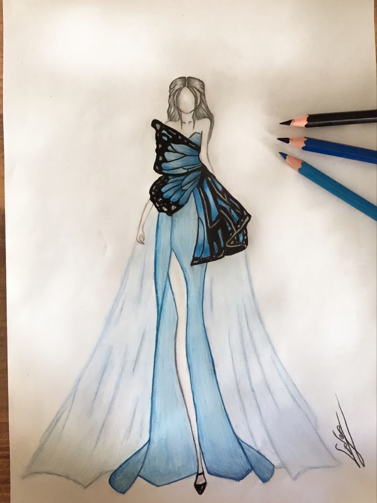 a drawing of a woman in a blue dress