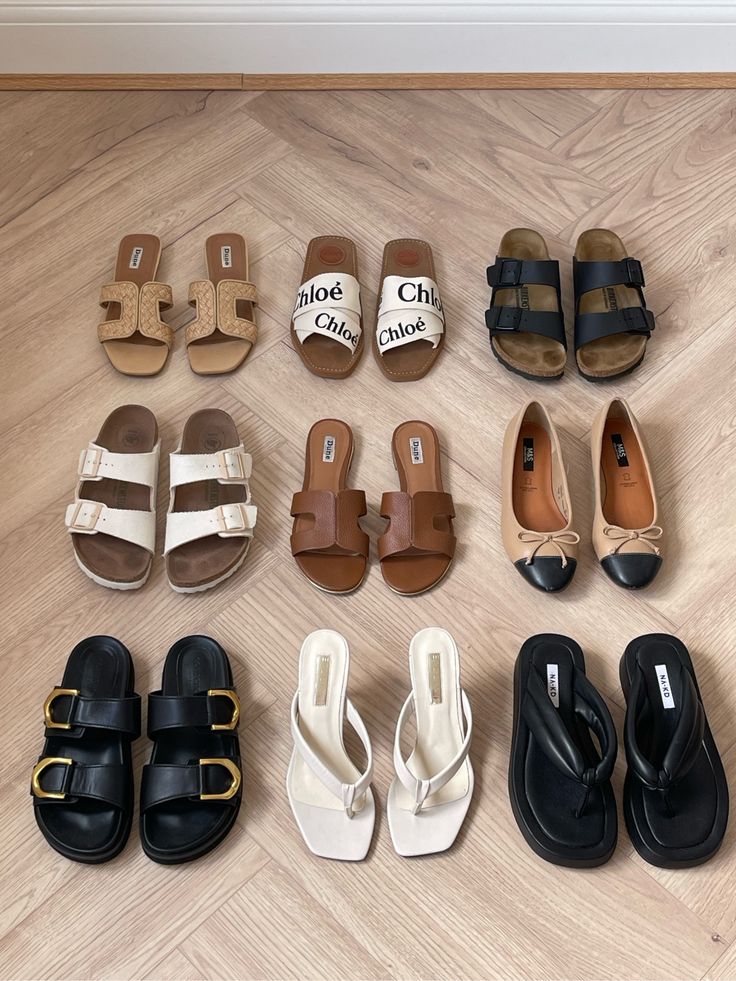 Capsule Wardrobe Shoes 2024, Summer Shoes 2024, Aesthetic Slides, Sandal Aesthetic, Sandals Aesthetic, Capsule Wardrobe Shoes, Girls Footwear, Girly Style Outfits, Pretty Sandals