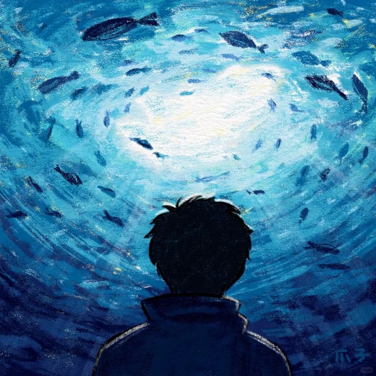 a painting of a boy looking up at fish in the ocean under a blue sky