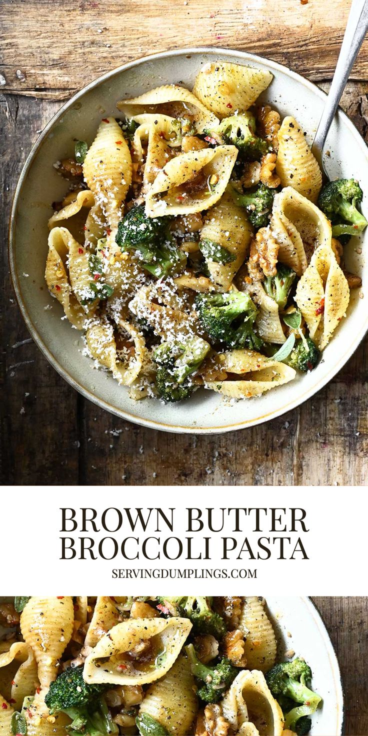 two bowls filled with pasta and broccoli on top of a wooden table