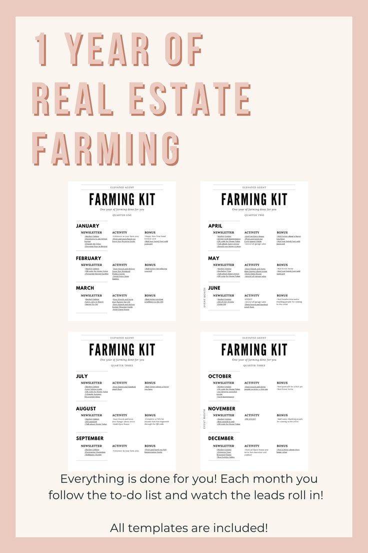 the real estate farming kit is on display in front of a pink background with text that reads