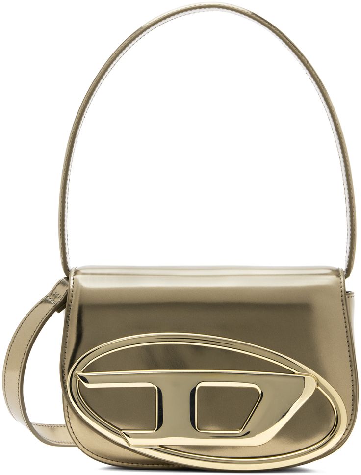 Polished leather shoulder bag in metallic bronze tone. · Fixed carry handle · Adjustable and detachable crossbody strap · Logo hardware at face · Magnetic press-stud flap · Patch pocket at two-compartment interior · Twill lining · H5.5 x W8 x D2.25 Supplier color: Bronze Formal Silver Shoulder Bag With Logo Hardware, Modern Gold Bag With Logo Hardware, Silver Evening Shoulder Bag With Logo Hardware, Silver Bags With Logo Hardware For Formal Occasions, Formal Silver Bags With Logo Hardware, Gold Shoulder Bag With Metal Logo, Evening Silver Bag With Logo Hardware, Silver Evening Bag With Logo Hardware, Evening Silver Bags With Logo Hardware