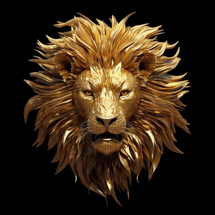 a golden lion's head is shown against a black background in this artistic photo