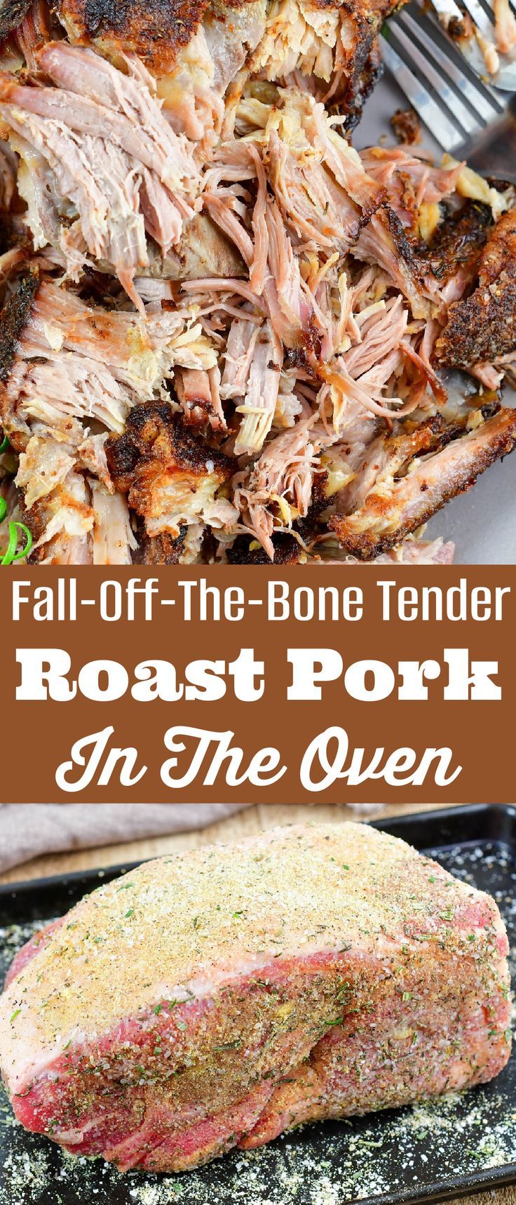 roast pork in the oven with text overlay