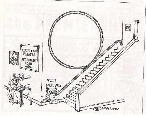 a cartoon depicting a man sitting on a chair at the bottom of stairs