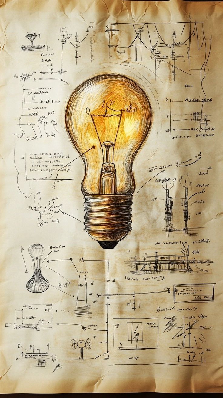 a drawing of a light bulb on top of a piece of paper with drawings around it