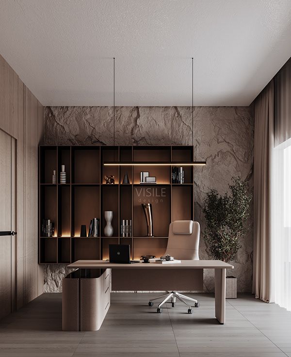 an office area with a desk, chair and bookshelf in the middle of it