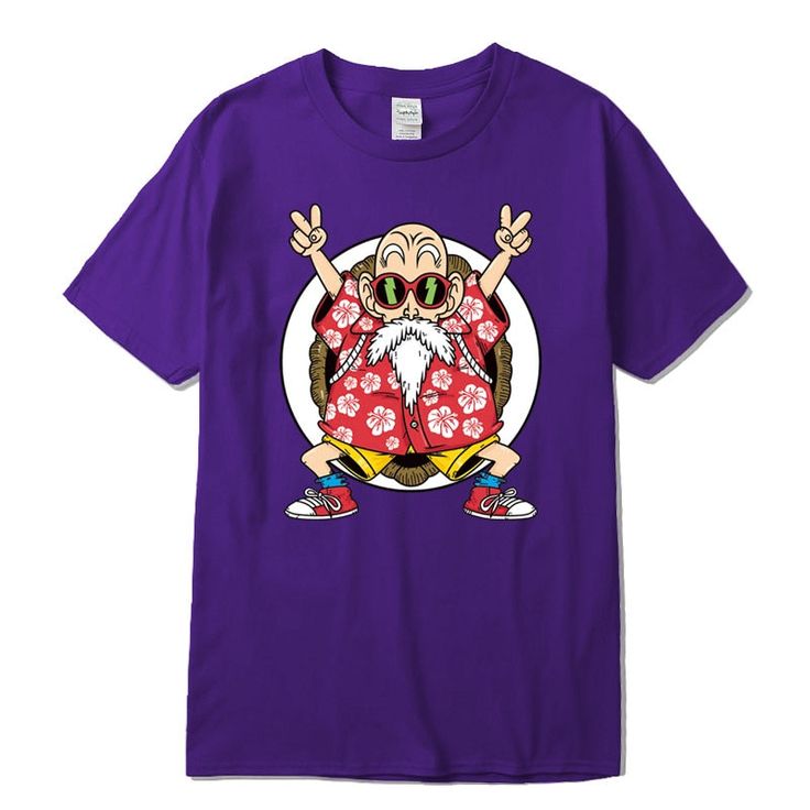 Muten Roshi Shirt - Urban Shoes Casual Anime Print T-shirt With Relaxed Fit, Pop Culture Anime Print Tops For Fan Conventions, Pop Culture Anime Print Tops For Conventions, Pop Culture Tops With Anime Print For Fans, Casual Purple T-shirt With Cartoon Print, Anime Style Cotton Shirt With Character Print, Fandom Style Shirt For Fan Conventions, Anime Print Shirt For Fan Conventions, Anime-themed Cotton Tops