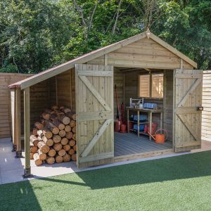 a wooden shed with logs stacked in the front and side doors open to reveal it's storage area