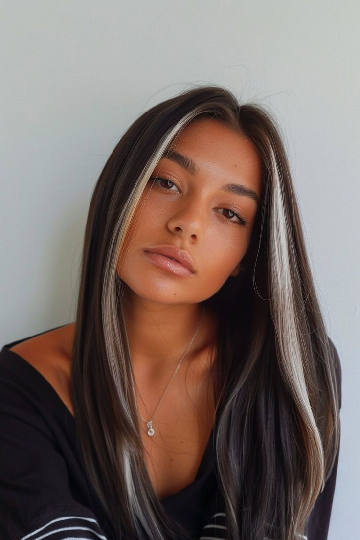 Dark To Platinum Hair, Silver Money Piece On Dark Hair, Chocolate Brown Hair With Money Piece, Money Pieces On Dark Hair, Dark Brown Hair With Money Piece, Ideas For Dark Brown Hair, Medium Length Styles, Dark Brown Hair Color Ideas, Dimensional Balayage